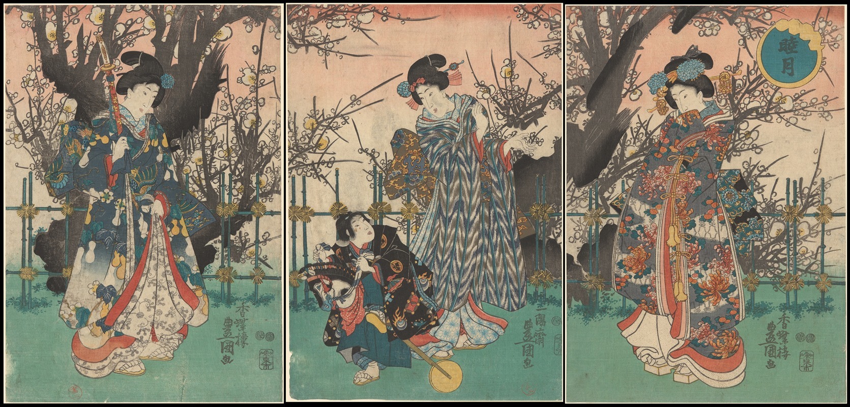 Utagawa Toyohiro - Old Cherry in Spring, Three Women and a Child with Hobby Horse Walking Past