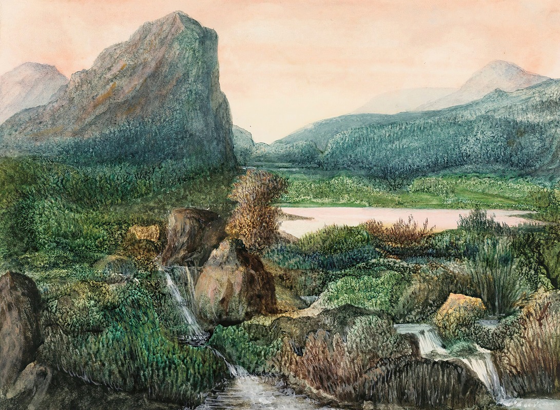 George Sand - A Mountainous Landscape with a Lake and waterfalls