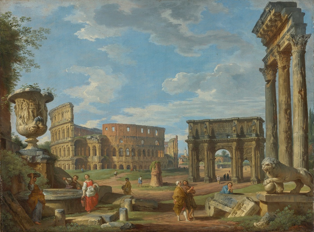 Giovanni Paolo Panini - Capriccio Of Roman Monuments With The Colosseum And Arch Of Constantine