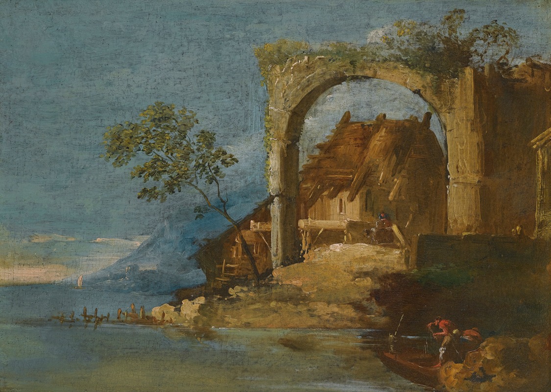 Giuseppe Bernardino Bison - A Capriccio Fluvial Landscape With Figures In A Boat In The Foreground