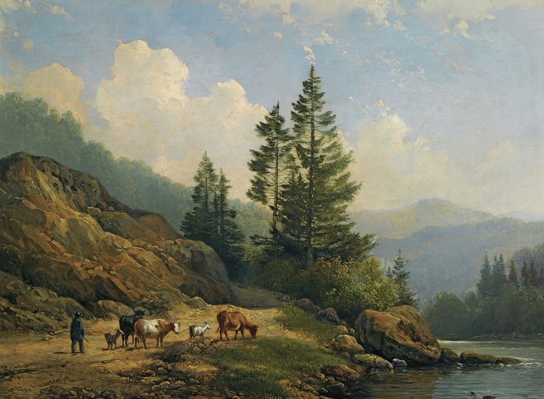Hendrikus van de Sande Bakhuyzen - A Herd With Cattle In A Mountainous Landscape