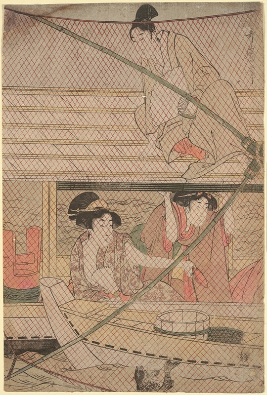 Kitagawa Utamaro - Fishing with a Four-Armed Scoop-net (Yotsu Deami) (center component of triptych)