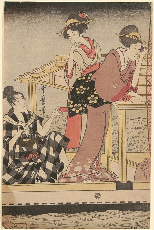 Kitagawa Utamaro - Fishing with a Four-Armed Scoop-net (Yotsu Deami) (left component of triptych)