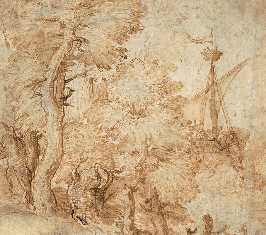 Taddeo Zuccaro - Jonah and the whale, seen from a landscape with trees