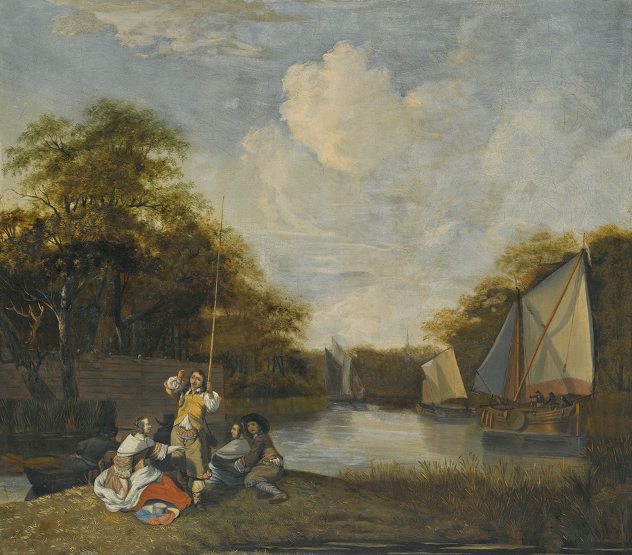 Jacob Esselens - River Landscape With Party Fishing