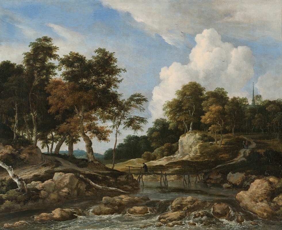 Jacob van Ruisdael - A Wooded River Landscape With A Bridge, A Church Beyond