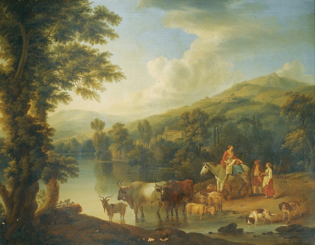Jakob Philipp Hackert - A Wooded River Landscape With A Woman On A Grey Horse With Animals Watering