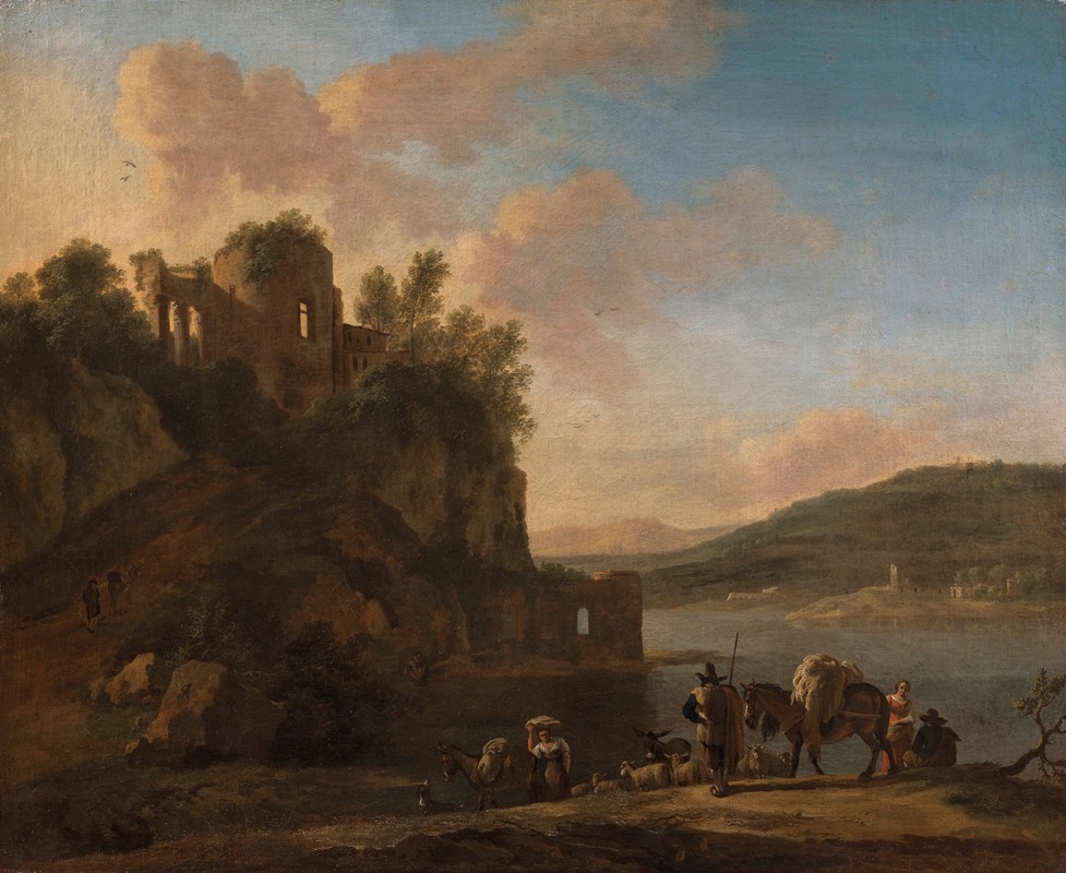 Jan Asselijn - An Italianate River Landscape With Herders On A Path With Their Flock And Donkeys