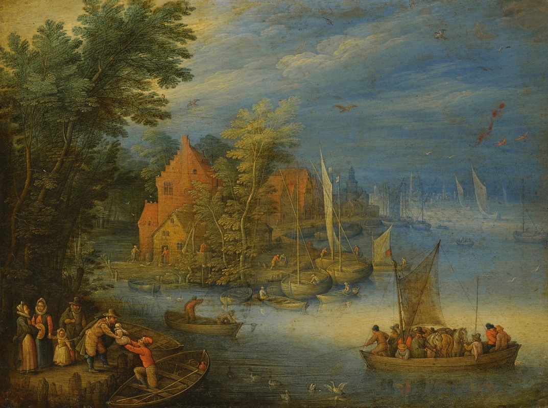 Jan Brueghel the Younger - A Town On The Banks Of A Wide River With A Heavily Laden Ferry Approaching The Shore In The Forgeound