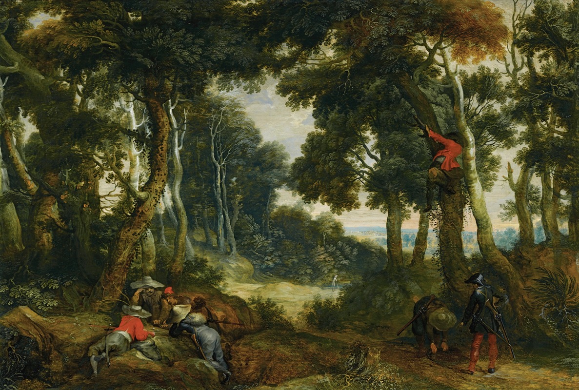 Jan Wildens - A Wooded Landscape With Brigands Playing Dice, Another Brigand Up In A Tree, On The Lookout