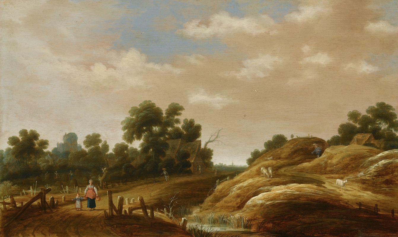 Joachim Govertsz Camphuysen - A Dune Landscape With A Peasant Woman And Child On A Path, Farm Houses Beyond