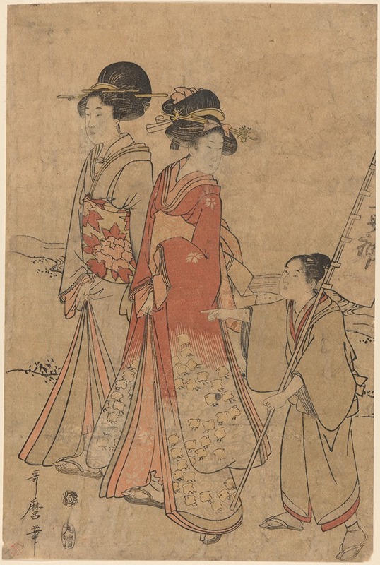 Kitagawa Utamaro - Two Women Walking by a Stream Directed by Boy