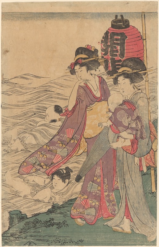 Kitagawa Utamaro - Two Women with Children at the Seashore