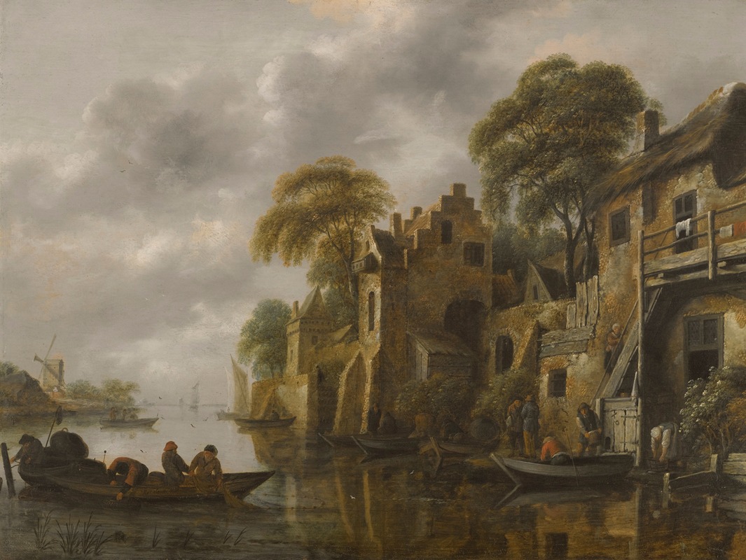 Nicolaes Molenaer - A River Landscape With Fishermen Loading Their Nets Beside A Town