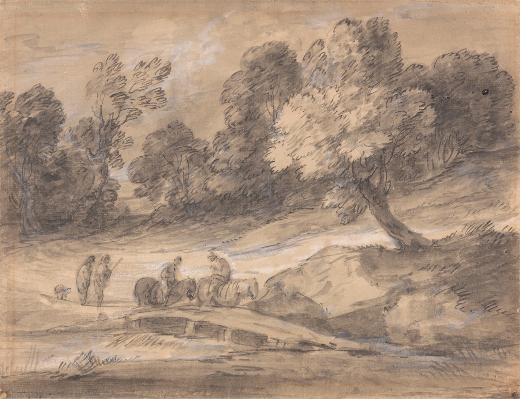Thomas Gainsborough - Wooded Landscape with Figures on Horseback Crossing a Bridge