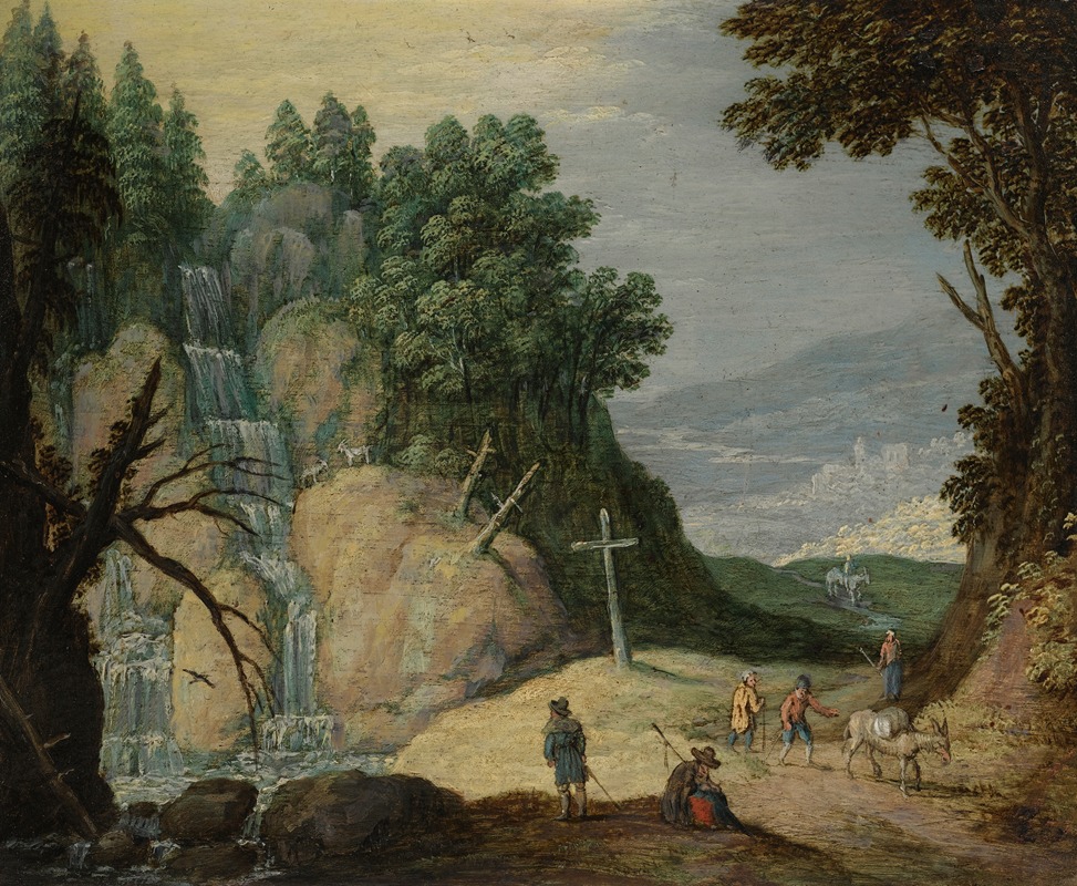 Marten Ryckaert - A Rocky Landscape With A Waterfall And Travellers On A Path