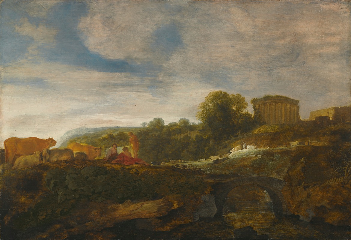 Moyses van Uyttenbroek - Arcadian Landscape With Resting Shepherds With Their Cattle, Antiquities Beyond