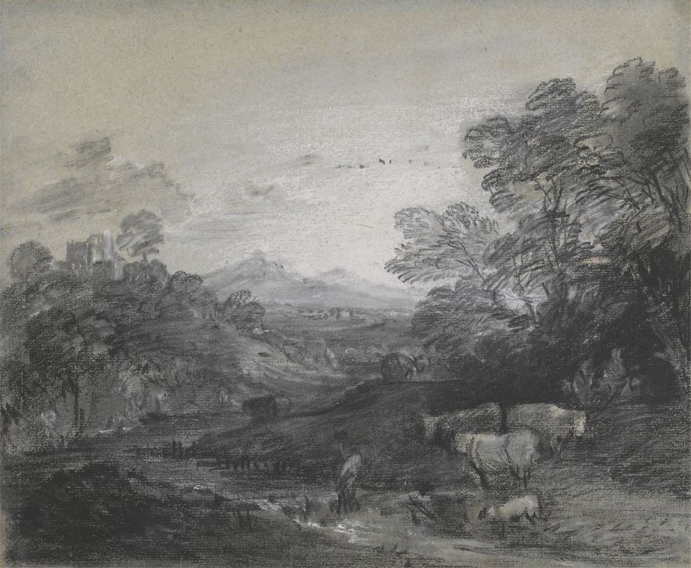 Thomas Gainsborough - Wooded Landscape with Herdsmen and Cattle, Buildings on a Hill, and Rustic Lovers