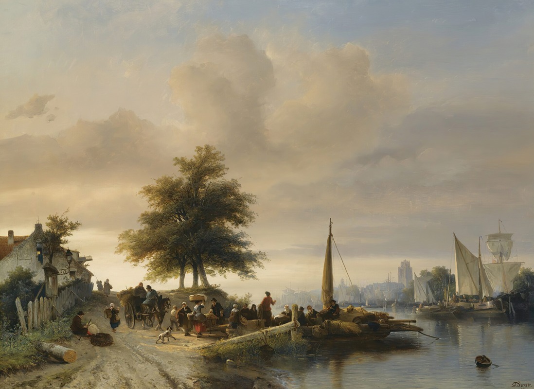 Salomon Leonardus Verveer - The Ferry On The Maas Near Dordrecht