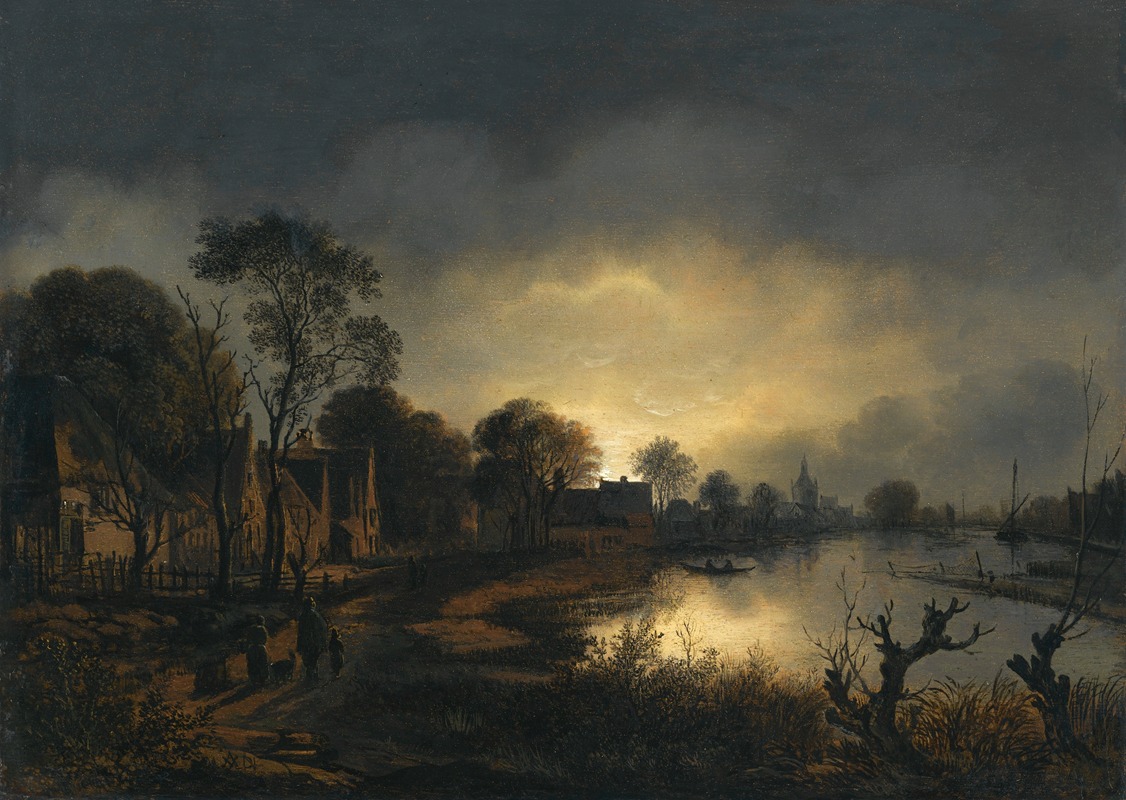 Aert van der Neer - A River Landscape At Dusk With And Figures Walking Along A Path Towards A Village To The Left, A Church In The Distance