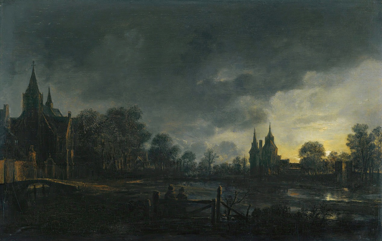 Aert van der Neer - A Moonlit River Landscape With Figures Standing By A Gate, A Village Beyond