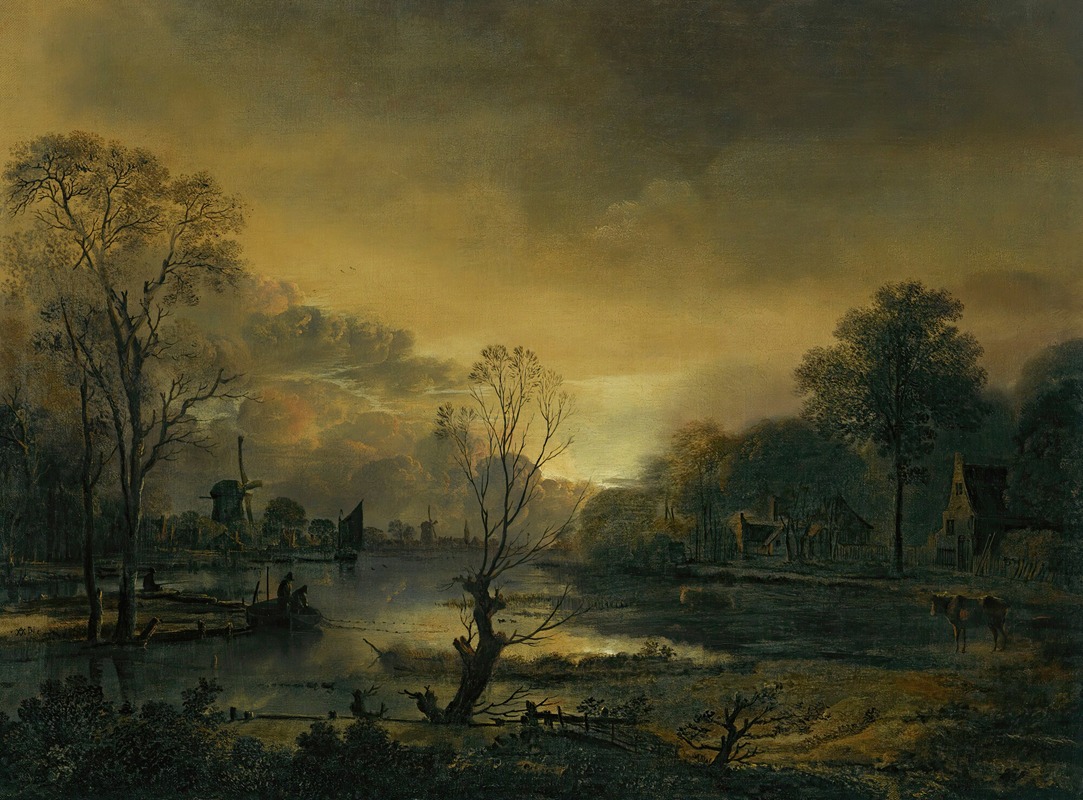 Aert van der Neer - A River Landscape At Sunset With Fishermen Drawing In Their Net In The Foreground, Windmills Beyond