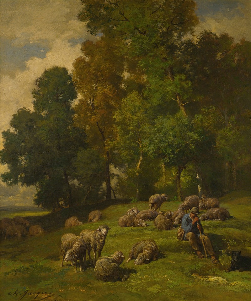 Charles Emile Jacque - Shepherd In A Field With His Flock