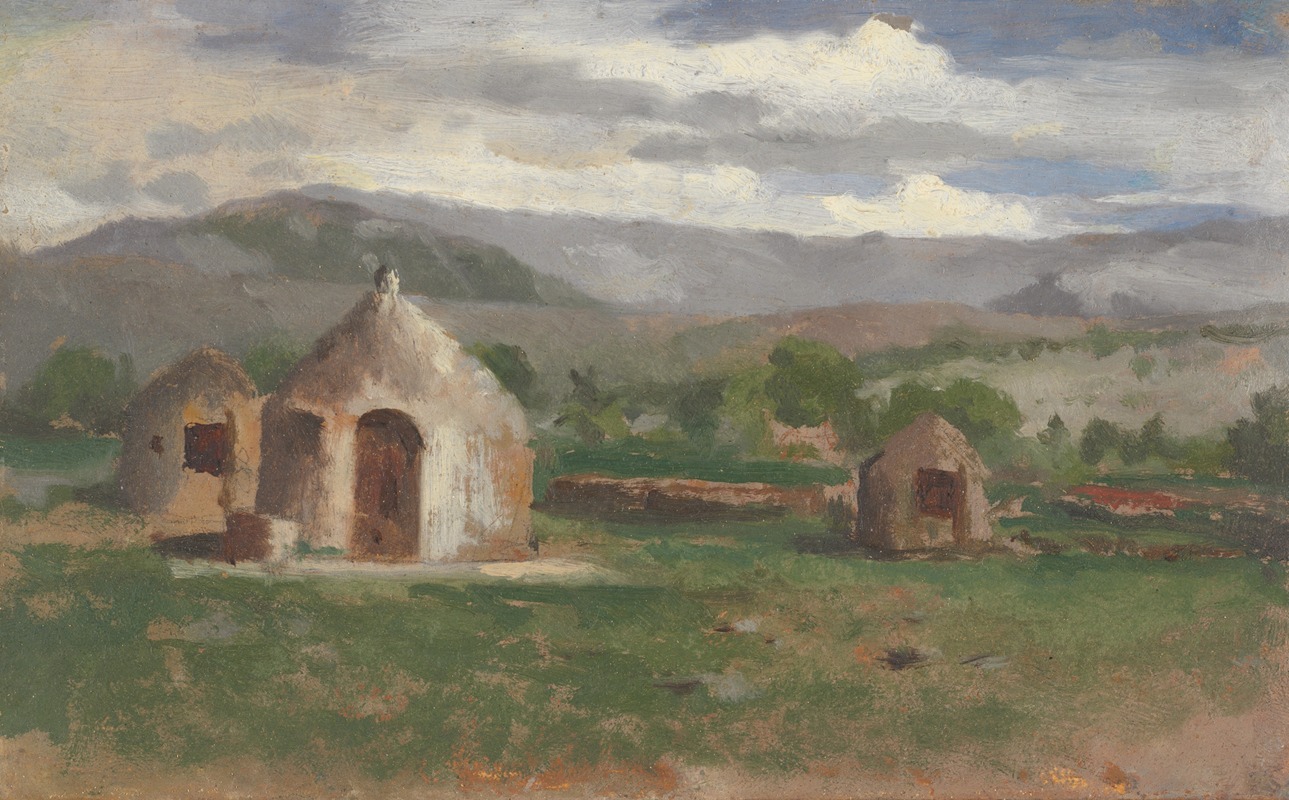 Charles Nègre - Landscape sketch with primitive huts, Provence