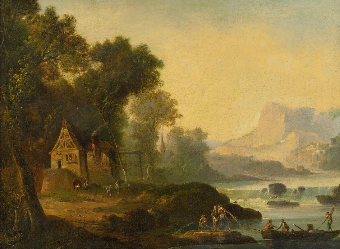 Continental School - River Landscape With Figures