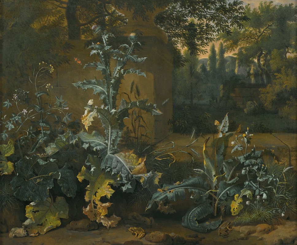 Dirk Maas - Thistles, Dock And Other Forest-Floor Plants In A Parkland Setting With Frogs, Butterflies And Snails