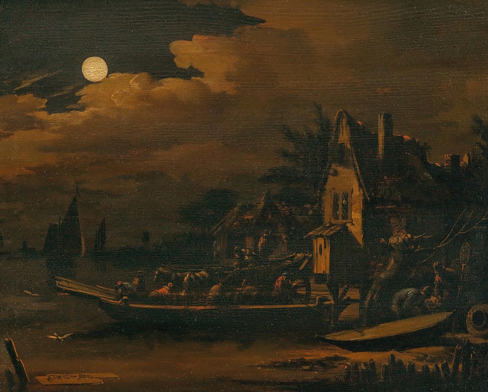 Egbert van der Poel - A nocturnal river landscape with a ferry boat