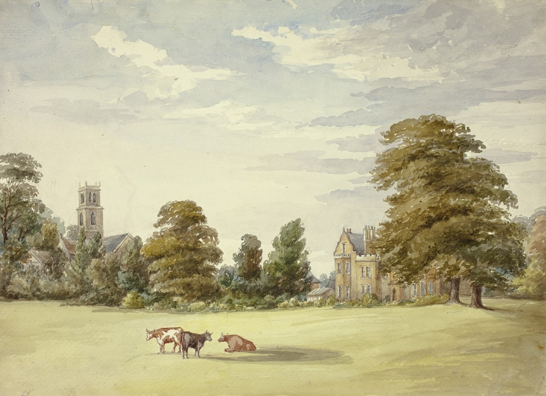 Elizabeth Murray - Cows before Manor House and Church