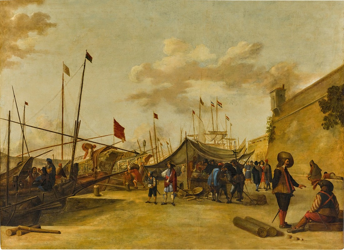 Genoese School - A Mediterranean harbour scene with trading barges and Dutch shipping