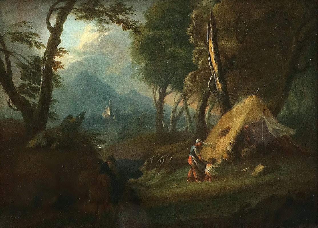 German School - Wooded landscape with a hut in a storm