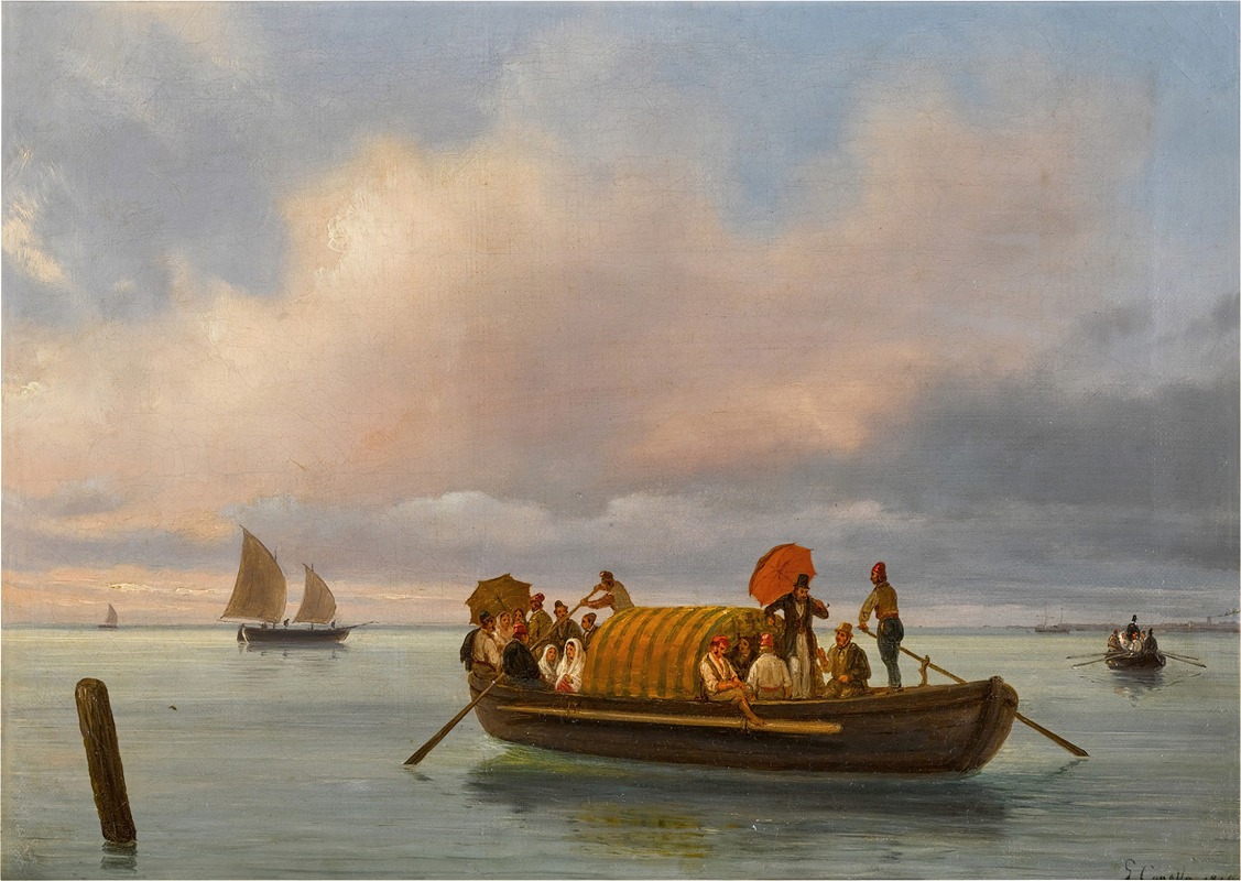 Giuseppe Canella - A Venetian scene with a gondola on a lagoon
