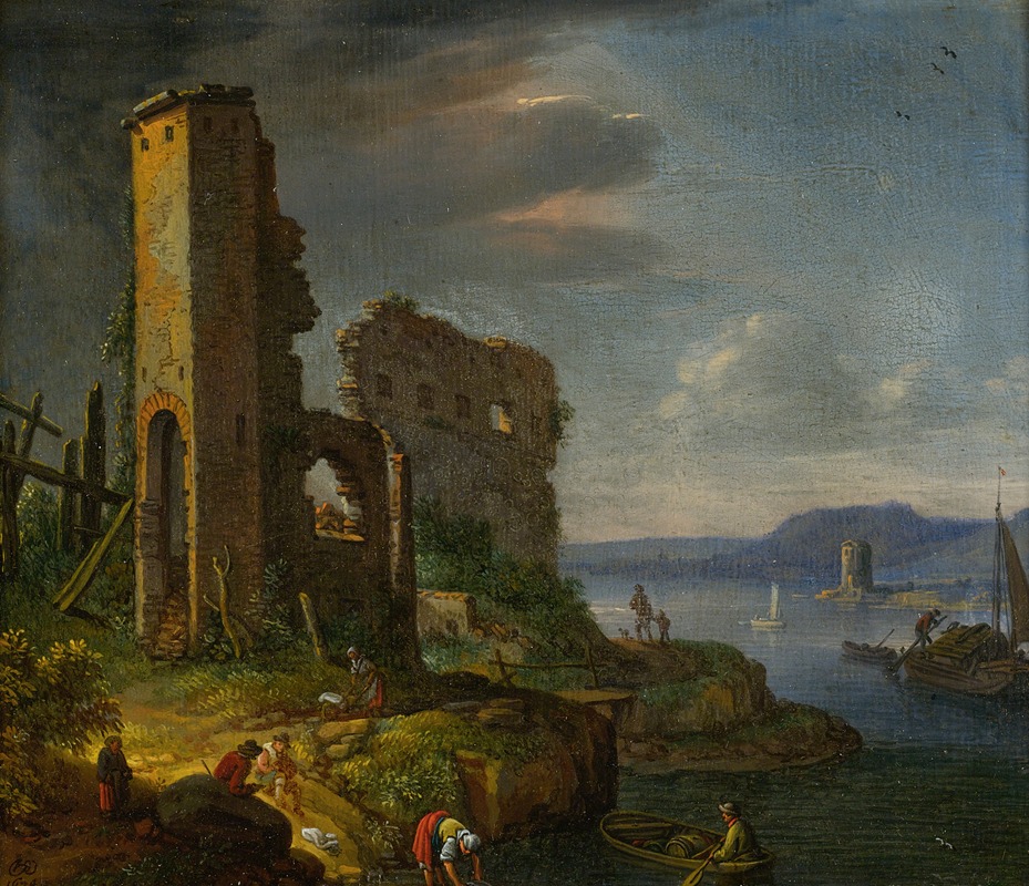 Herman Saftleven - River Landscape With Ruins, Boats And Figures