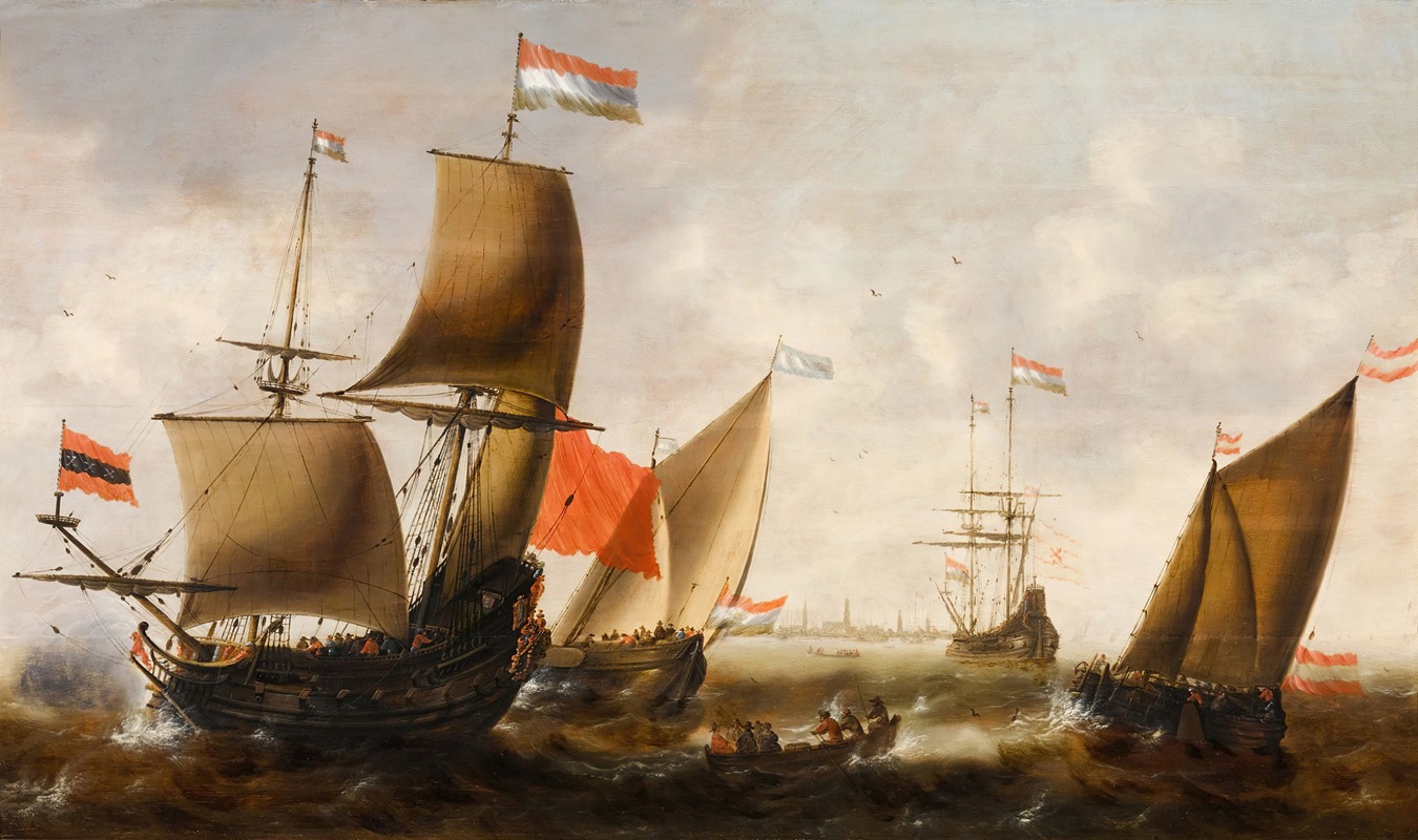 Jacob Adriaensz. Bellevois - Dutch shipping in choppy seas off the coast of Amsterdam