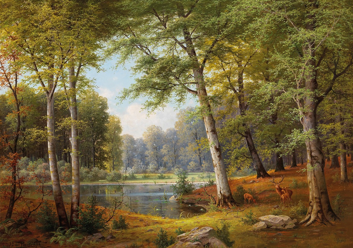 Jacobus Johannes van Poorten - Rotwild am Waldteich