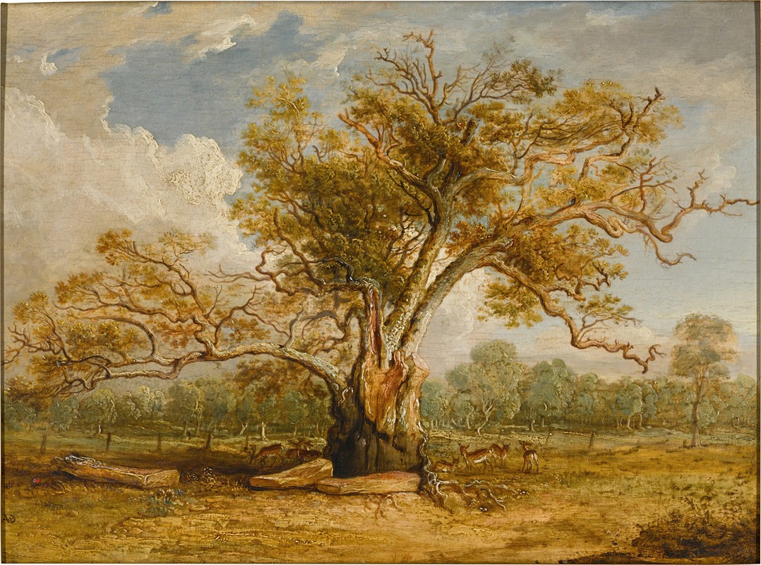 James Ward - An oak tree in Richmond Park with a herd of fallow deer beside it