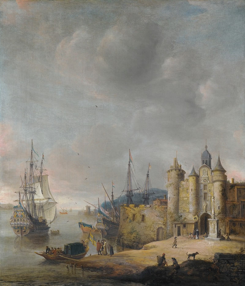 Jan Abrahamsz Beerstraaten - A Harbour Scene With A Man-Of-War And Other Shipping, Figures Conversing On The Shore