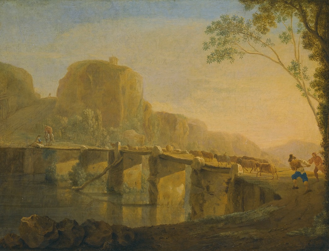 Jan Asselijn - Landscape With Shepherds And Their Flock Crossing The Ponte Acquoria Near Tivoli
