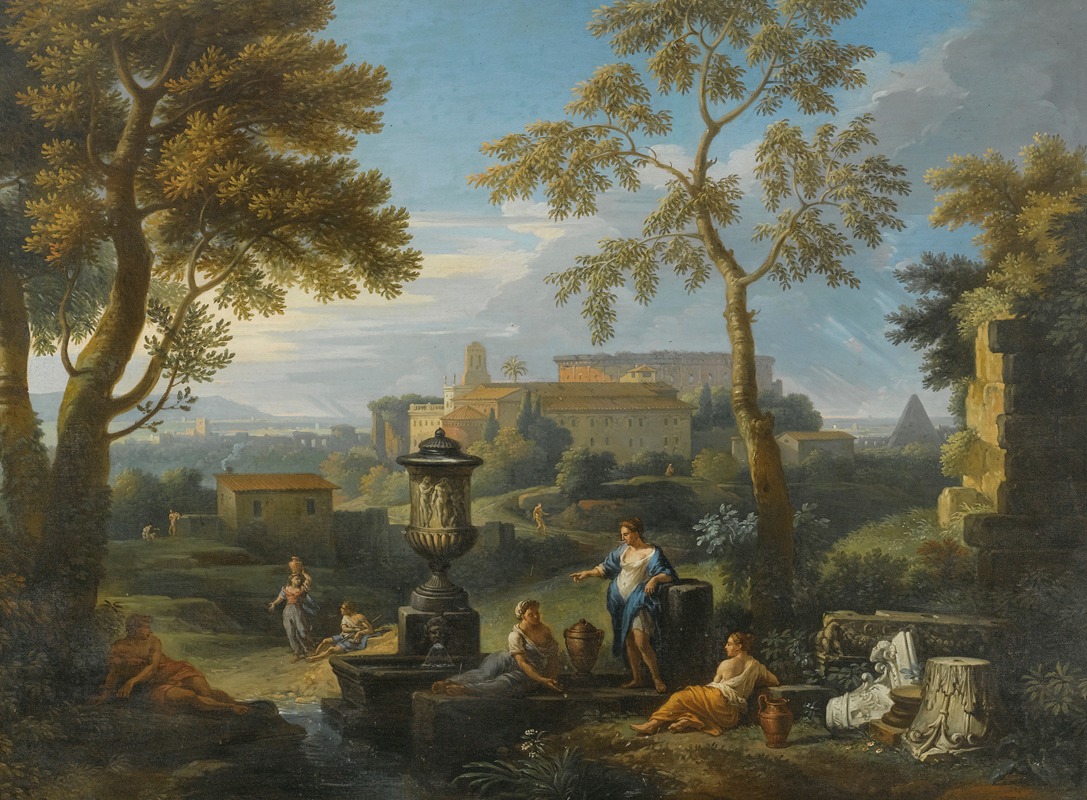 Jan Frans Van Bloemen - Classical Figures Seated By Ruins In An Italianate Landscape