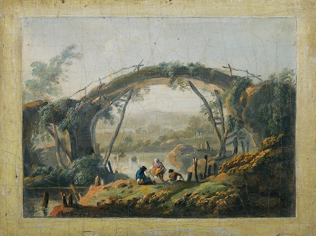 Jean-Baptiste Pillement - A Pair Of River Landscapes With Figures Approaching A Bridge