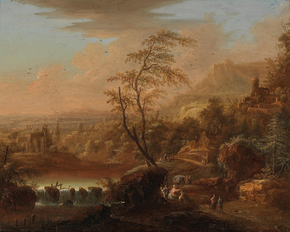 Johann Christian Vollerdt - A mountain landscape with travellers