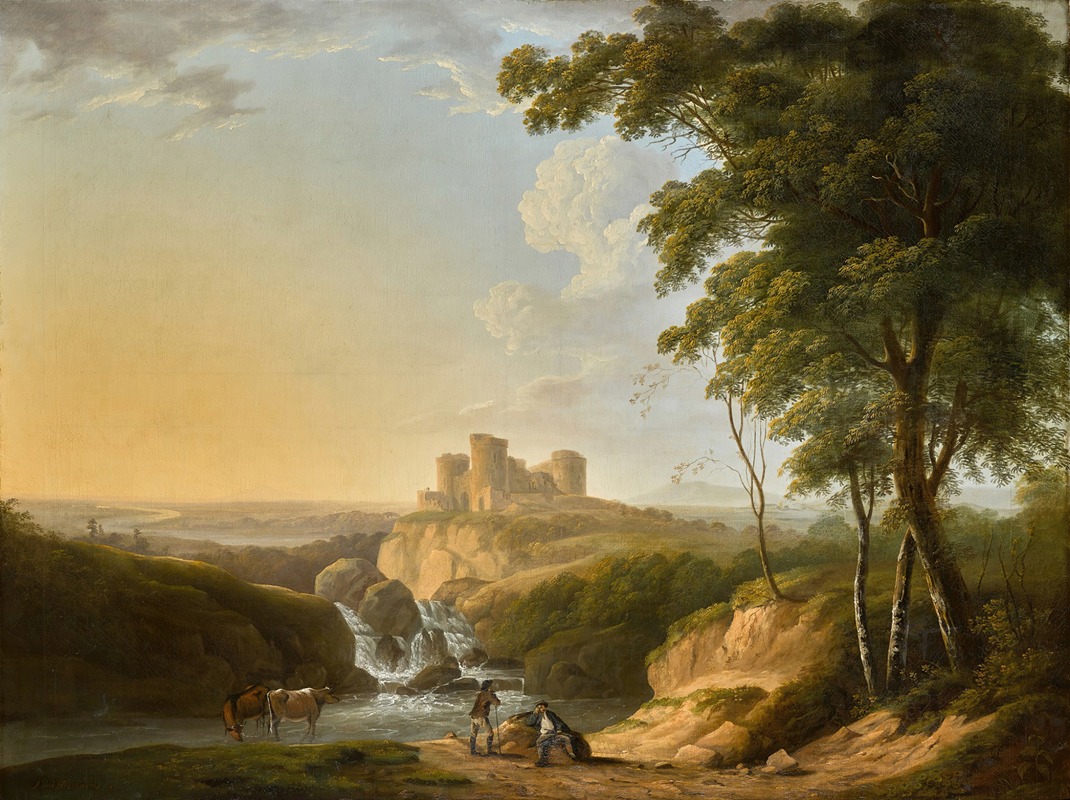 John Inigo Richards - An extensive landscape with a view of Chepstow Castle on a hill beyond