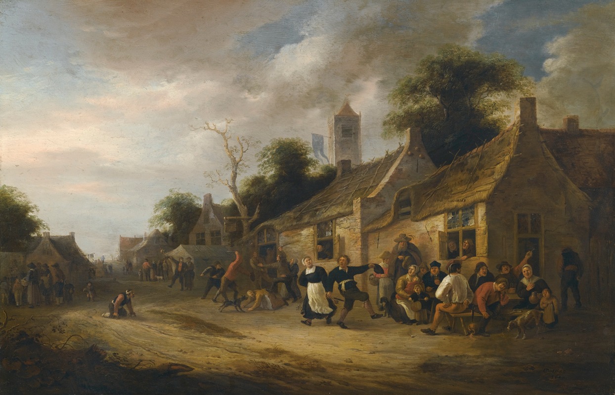 Nicolaes Molenaer - A Village Street Scene With Figures Dancing And Drinking