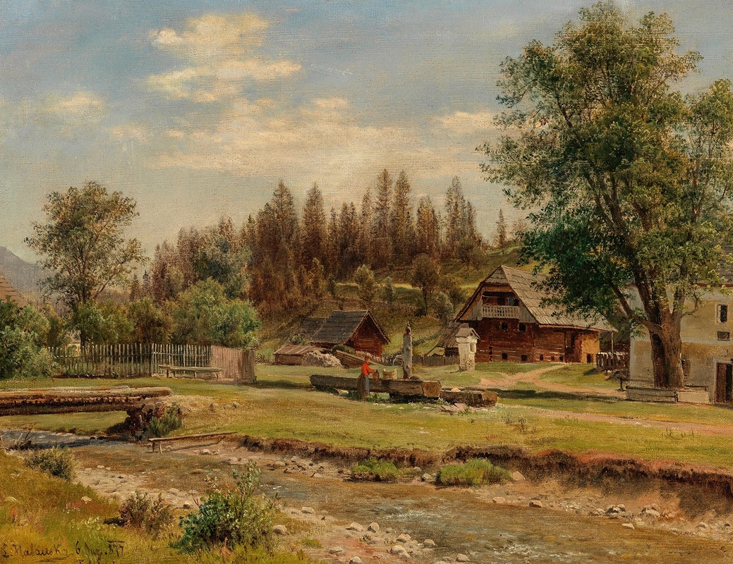 Ludwig Halauska - Blick auf das Dorf Tutschach bei Aflenz mit dem Jauringbach im Vordergrund