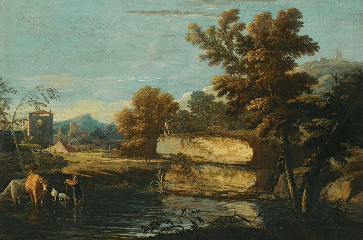 Marco Ricci - A Lacustrine Landscape With A Herder And His Animals Resting By The Water, A Town Beyond