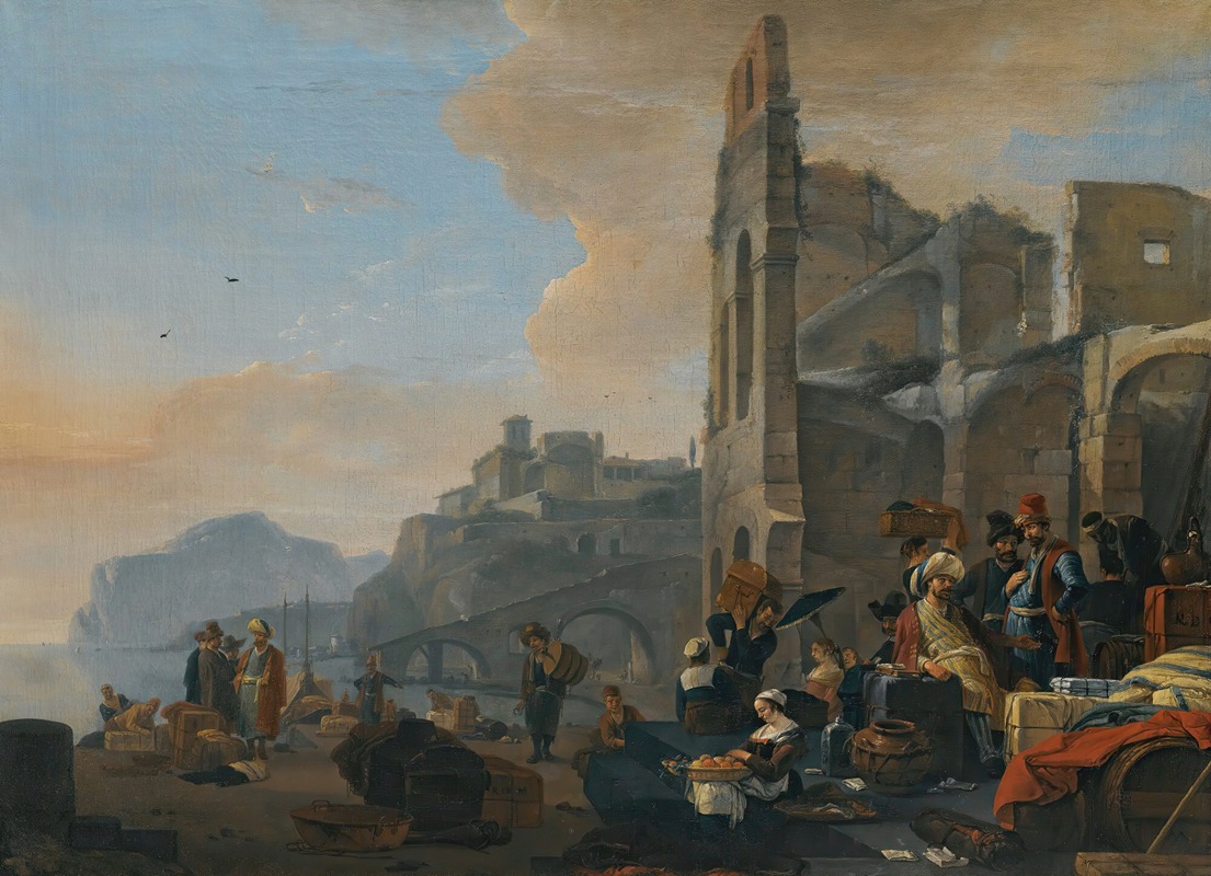 Thomas Wijck - An Italianate Coastal Landscape With Figures In Oriental Dress At Market