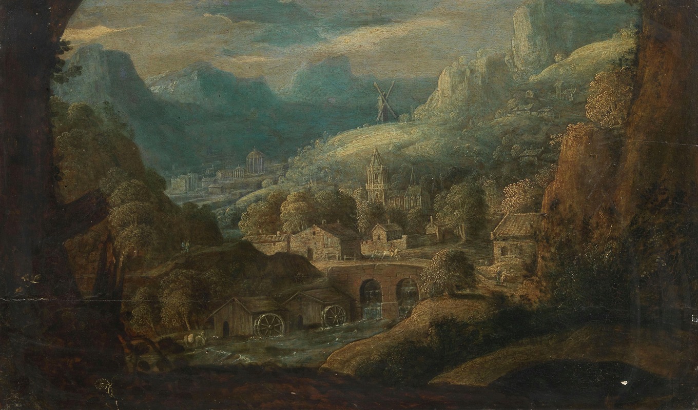 Tobias Verhaecht - A mountainous river landscape, with water mills and a village beyond